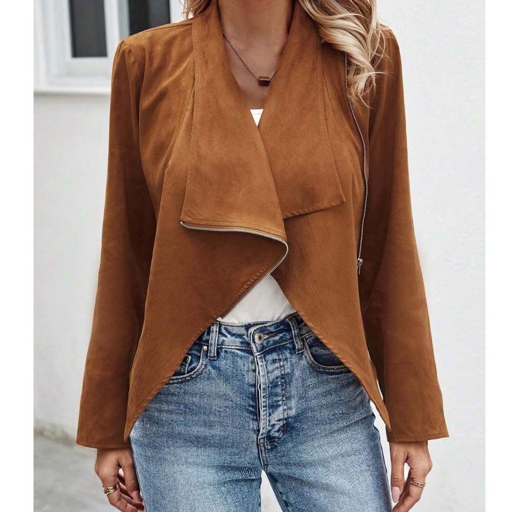 Luxe Rust Vegan Suede Zip up Biker Moto Jacket - Picture 2 of 5